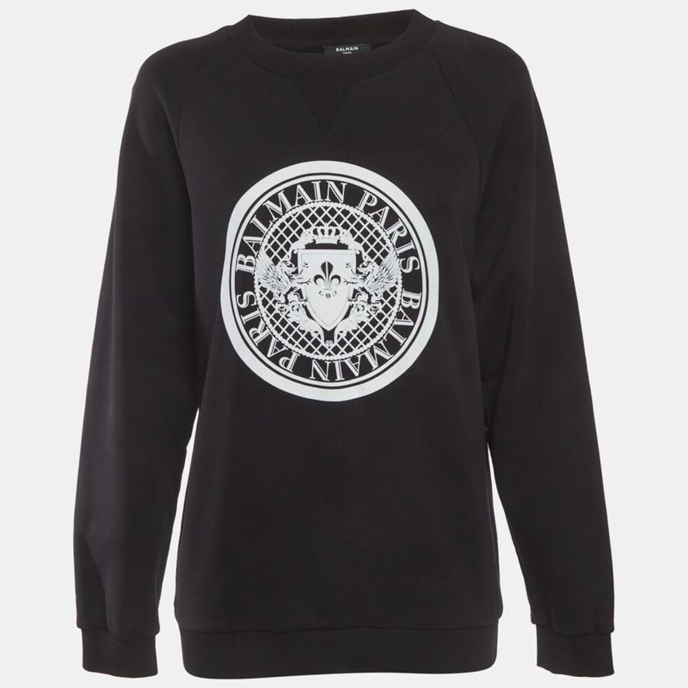 Balmain Black Logo Print Cotton Knit Sweatshirt S